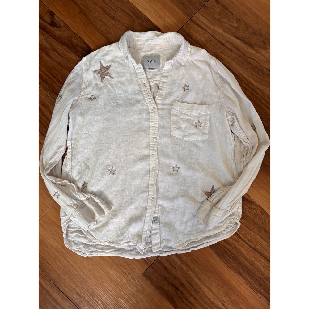 Rails White Linen Blend Celestial Star Embroidered Button Down Shirt XS